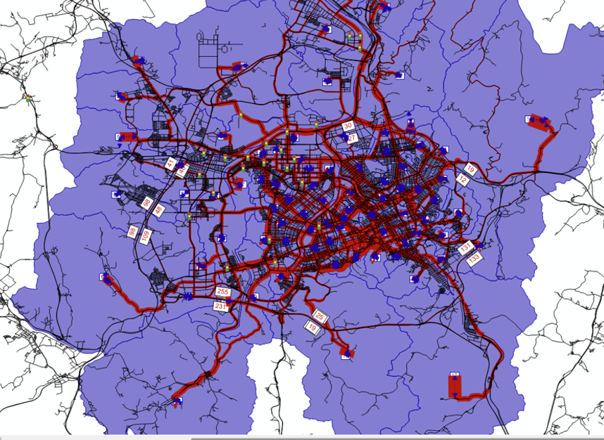 PTV Visum view of Daejeon's zone system with assigned demand shown as red flow bands over the road network